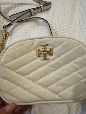 Tory Burch Cream Quilted Leather Crossbody with Gold Logo